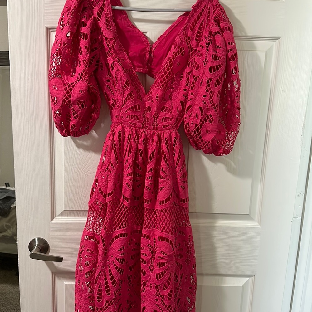 Hot pink lace puff sleeve cutout midi dress